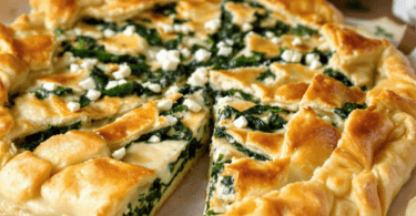 A golden-brown Spanakopita pie, showcasing flaky phyllo layers and a delicious spinach and feta filling, served on a rustic wooden table.