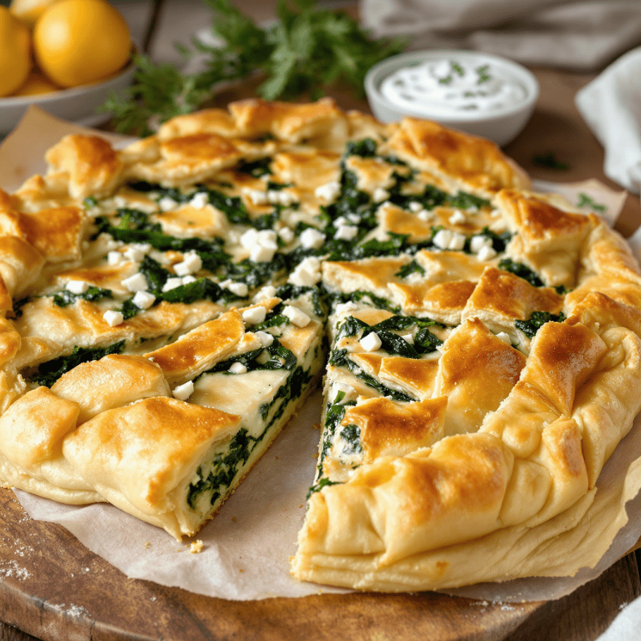 A golden-brown Spanakopita pie, showcasing flaky phyllo layers and a delicious spinach and feta filling, served on a rustic wooden table.