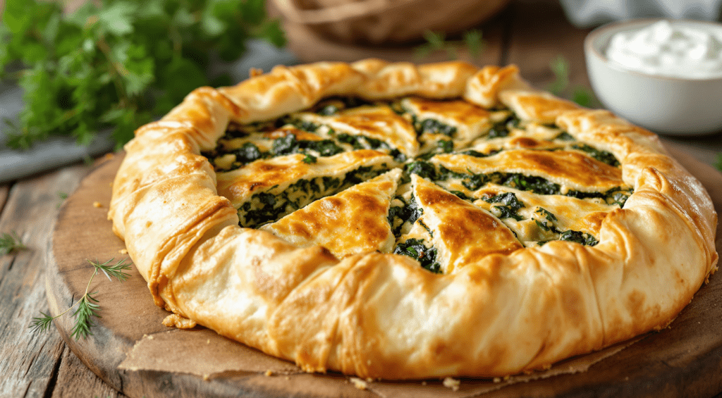 A golden-brown Spanakopita pie, showcasing flaky phyllo layers and a delicious spinach and feta filling, served on a rustic wooden table.