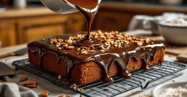 Pouring warm chocolate icing over freshly baked Texas Sheet Cake.