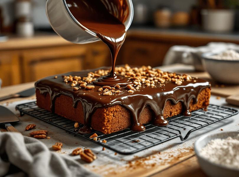 Pouring warm chocolate icing over freshly baked Texas Sheet Cake.