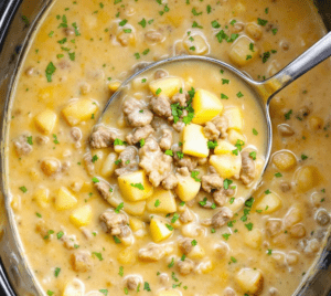 Beef and Potato Soup in a crockpot with a soup ladle full of diced potato and ground beef