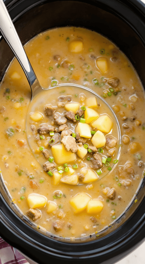 Beef and Potato Soup in a crockpot with a soup ladle full of diced potato and ground beef