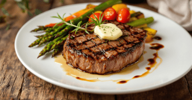 Perfectly cooked ribeye steak on a plate