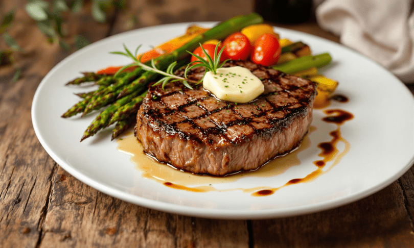 Perfectly cooked ribeye steak on a plate