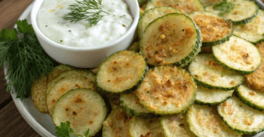 a plate of crispy cucumber chips, thinly sliced and evenly baked to a golden-brown perfection. The chips have a slightly curled edge, showcasing their crunchy texture. They are lightly seasoned with visible specks of salt, pepper, and possibly herbs, giving them a flavorful appearance. The background features a clean, minimalistic setting, emphasizing the simplicity and healthiness of the snack.