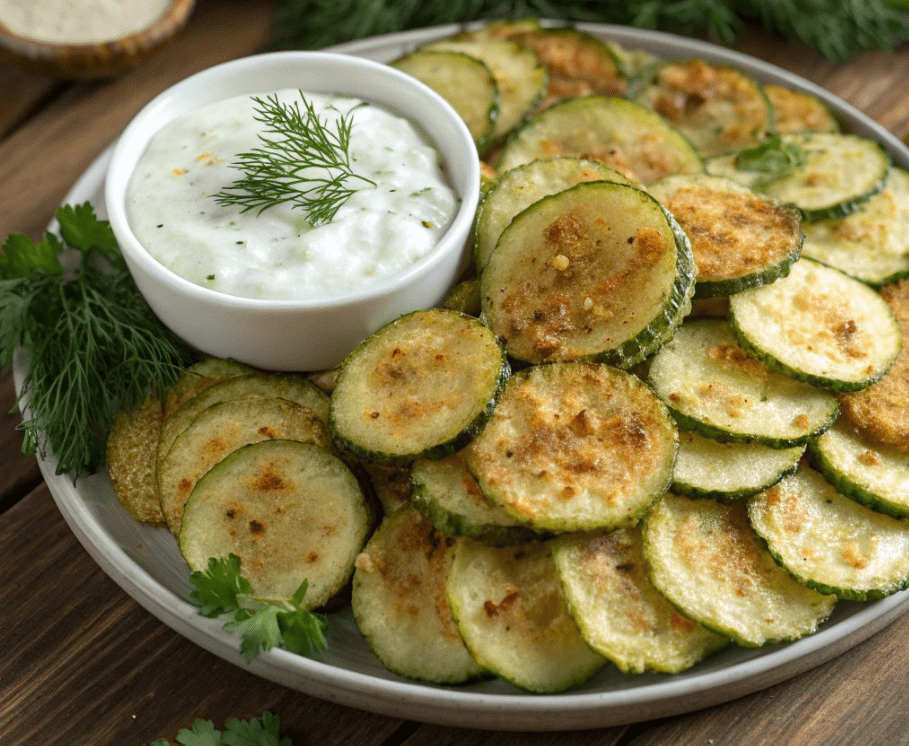 a plate of crispy cucumber chips, thinly sliced and evenly baked to a golden-brown perfection. The chips have a slightly curled edge, showcasing their crunchy texture. They are lightly seasoned with visible specks of salt, pepper, and possibly herbs, giving them a flavorful appearance. The background features a clean, minimalistic setting, emphasizing the simplicity and healthiness of the snack.